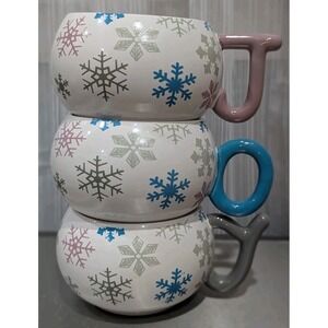 Temptations Holiday Mugs Set of 3 Stackable‎ Joy White W/ Snowflakes